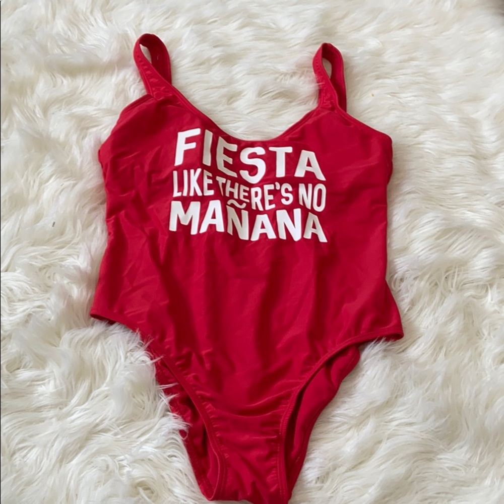 Red swimsuit with wording (SUPER CUTE)